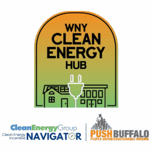 Three graphics, the WNY Clean Energy Hub logo, Clean Energy Group -Clean Energy Incentive Navigator logo, and PUSH Buffalo logo